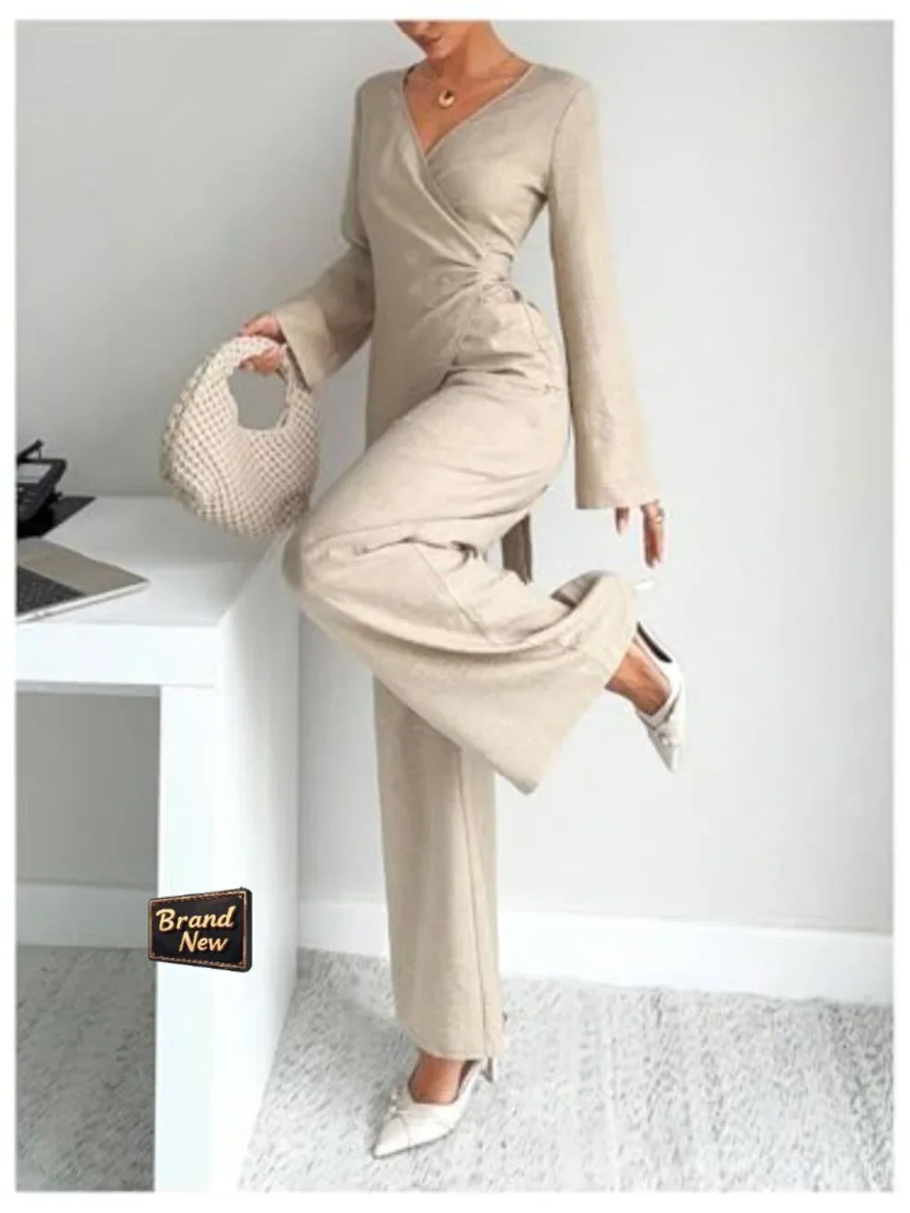 2 Piece Long Sleeve Wrap Tie Top and Pants Set Work Business Outfit